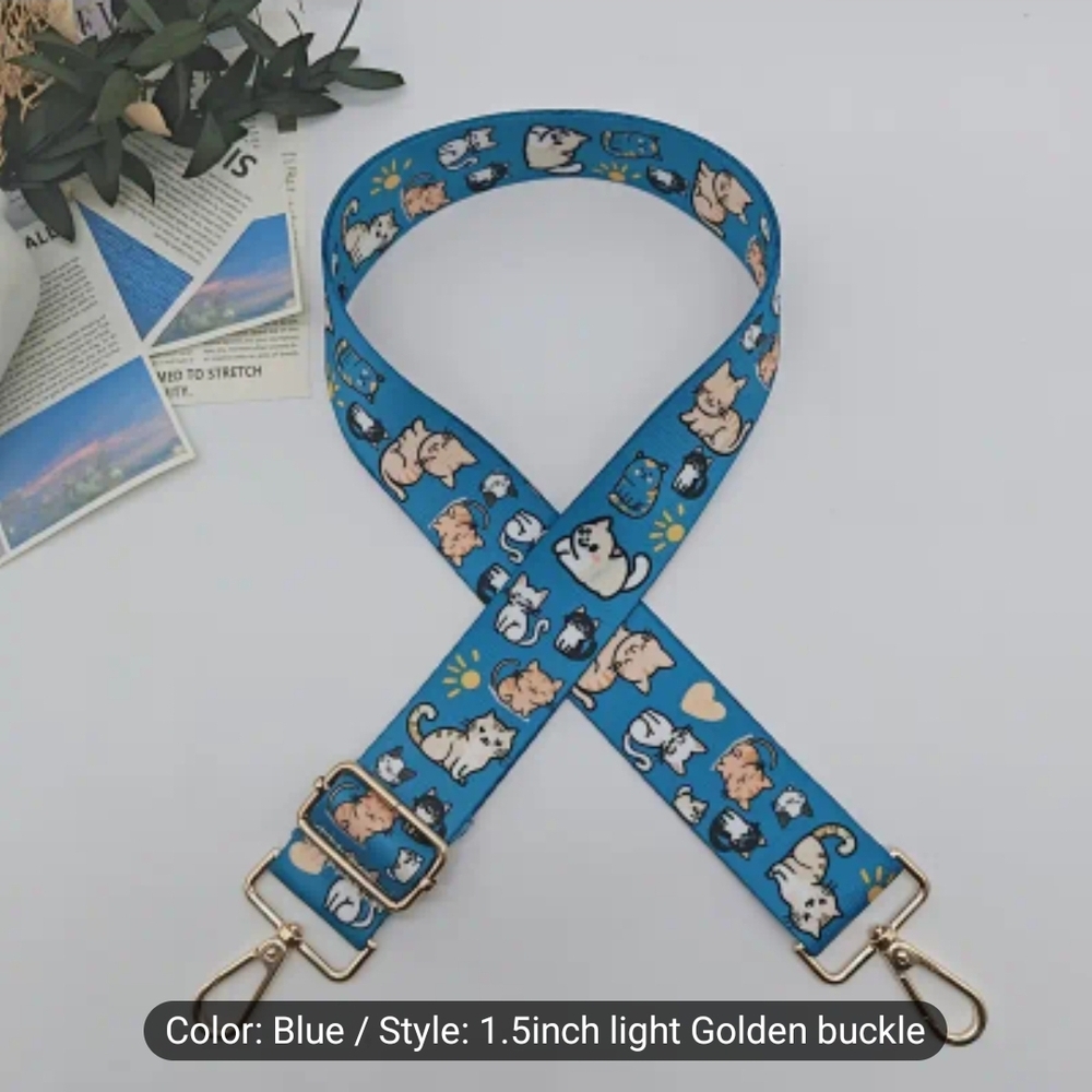 Blue Cat Print Strap with Golden Buckle
